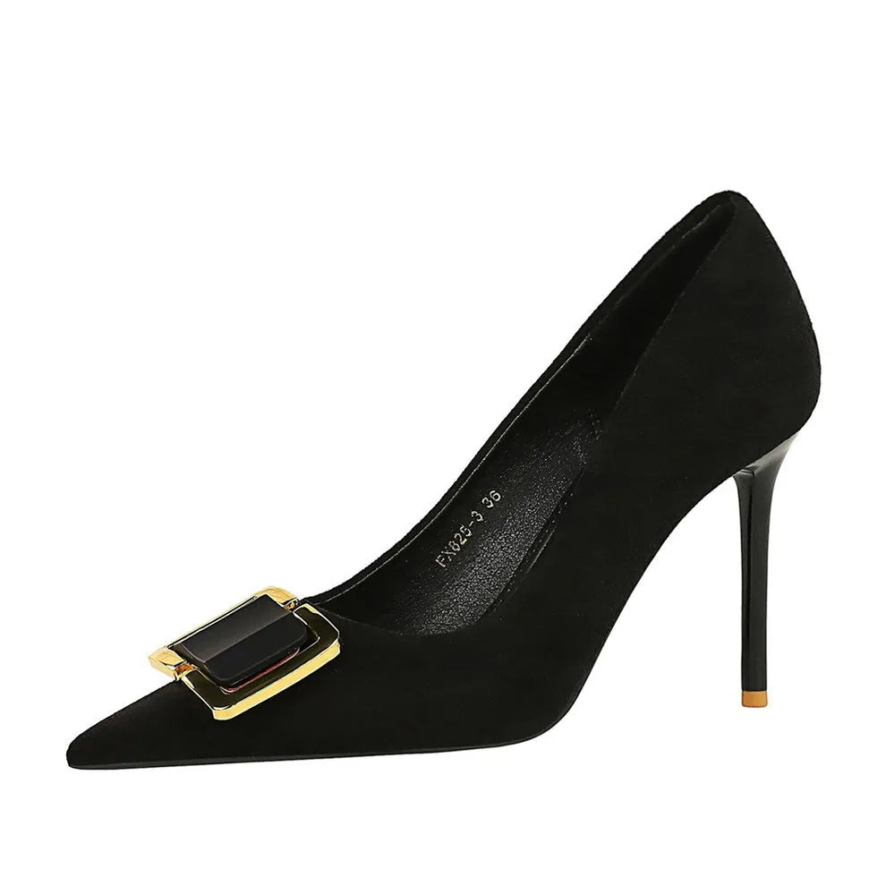 Black suede women's stiletto heels with 9cm heel and shallow cut design