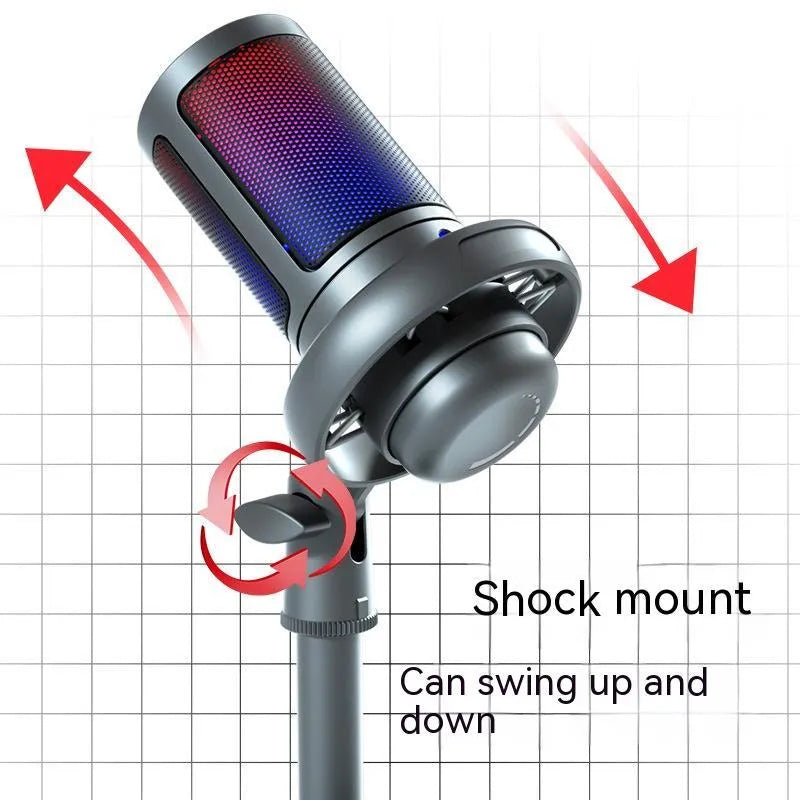 Condenser microphone with RGB lights in black, pink, or white colours for USB computer recording.