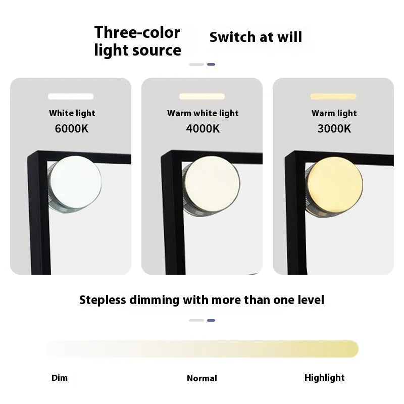 Desktop LED fill light mirror with metal frame, aluminium lens, 9 lights, black colour