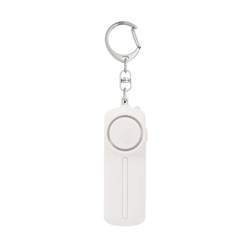 Pink personal safety alarm keychain with activation button showing dimensions.