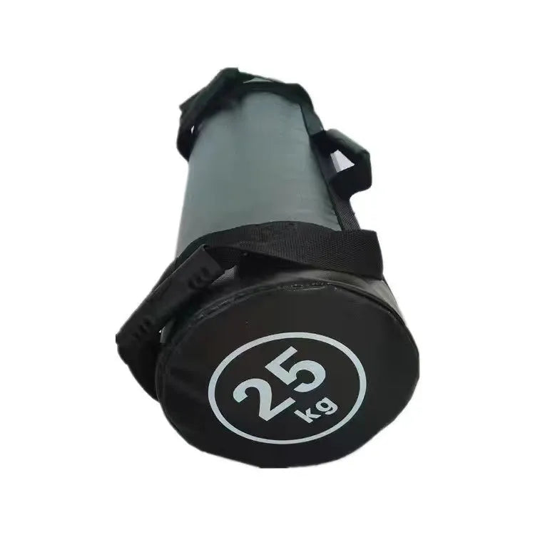 White PVC fitness training sandbag with weight markings for gym strength exercises