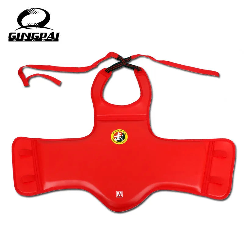 Red boxing helmet and chest protector set for training and competition