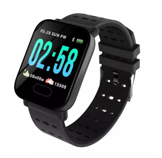Blue A6 colour screen smart bracelet with zinc alloy case on a silicone strap, showing the 1.3-inch display.