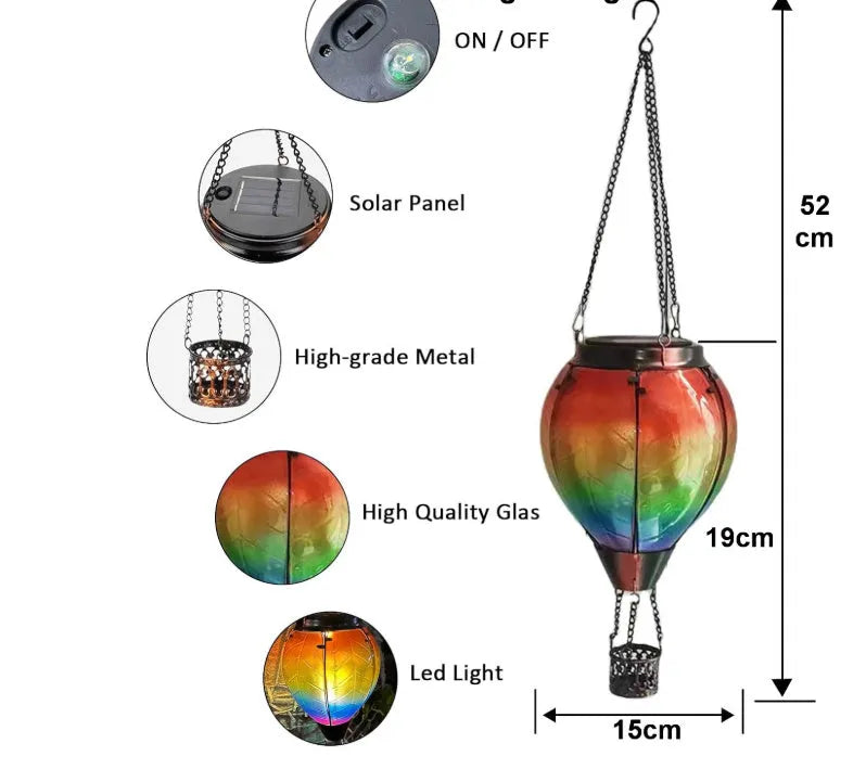 Solar hot air balloon water drop lantern with coloured glass and 15 white LEDs