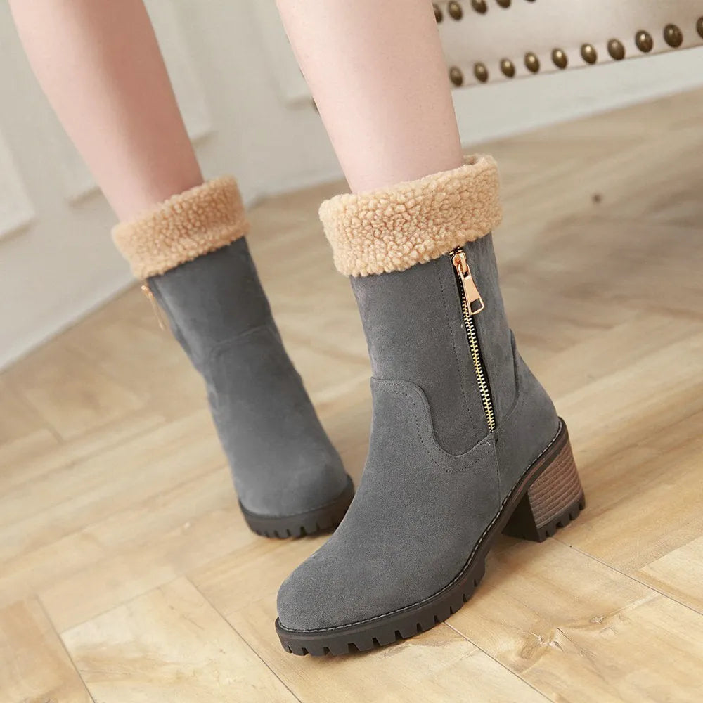 Women's snow boots with plush lining and rubber soles in black, grey, green, orange
