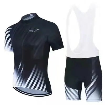 Cycling jersey and shorts set with moisture-wicking fabric in various style options for summer cycling