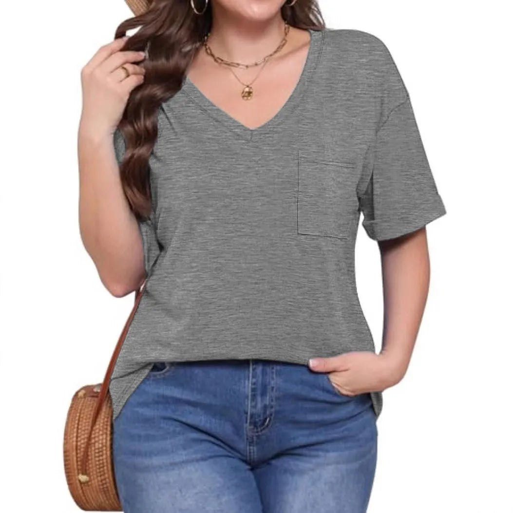 Grey loose V-neck t-shirt with chest pocket on mannequin showing Asian sizing label