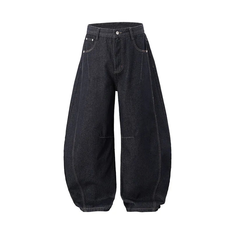 Men's wide leg denim trousers in original cow colour showing mid waist and straight leg design