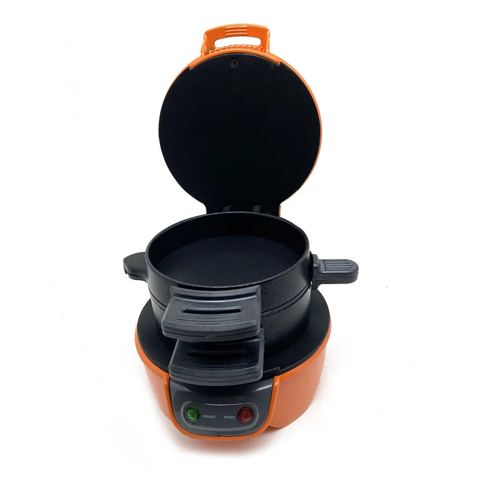 Breakfast sandwich maker with egg cooker ring in bright red, orange, or silver grey colours