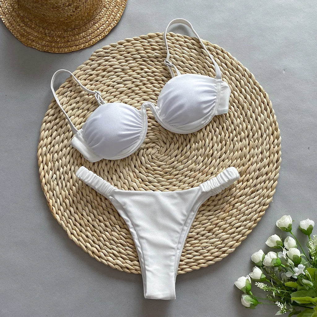 Women's underwire bikini swimsuit in black, khaki or white with briefs style and split design