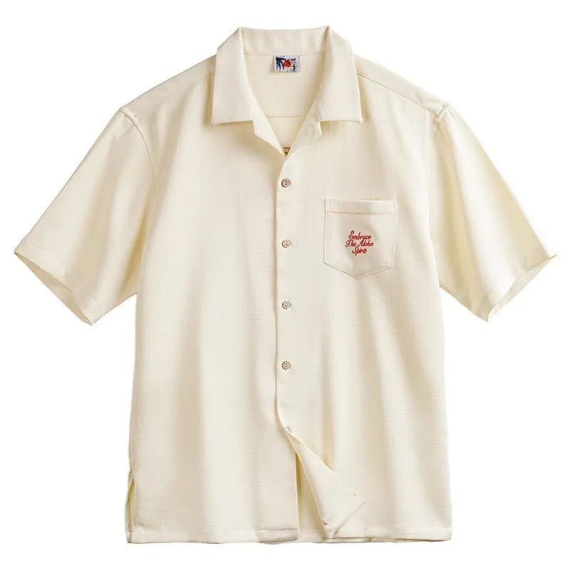 Light apricot bamboo pattern Cuban collar shirt for men with plant and flower designs