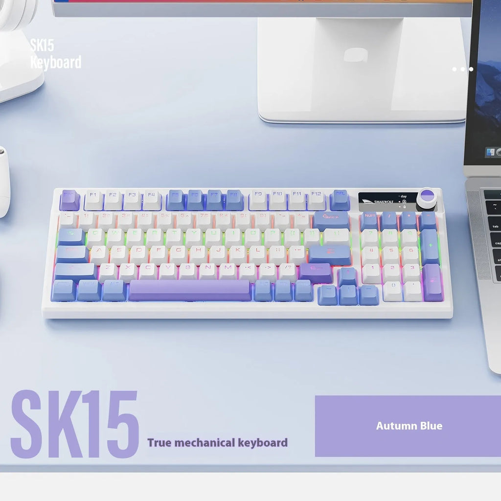 SK15 wired mechanical gaming keyboard with control knob in three colour options: Black, Sunset Orange, and Autumn Water Blue