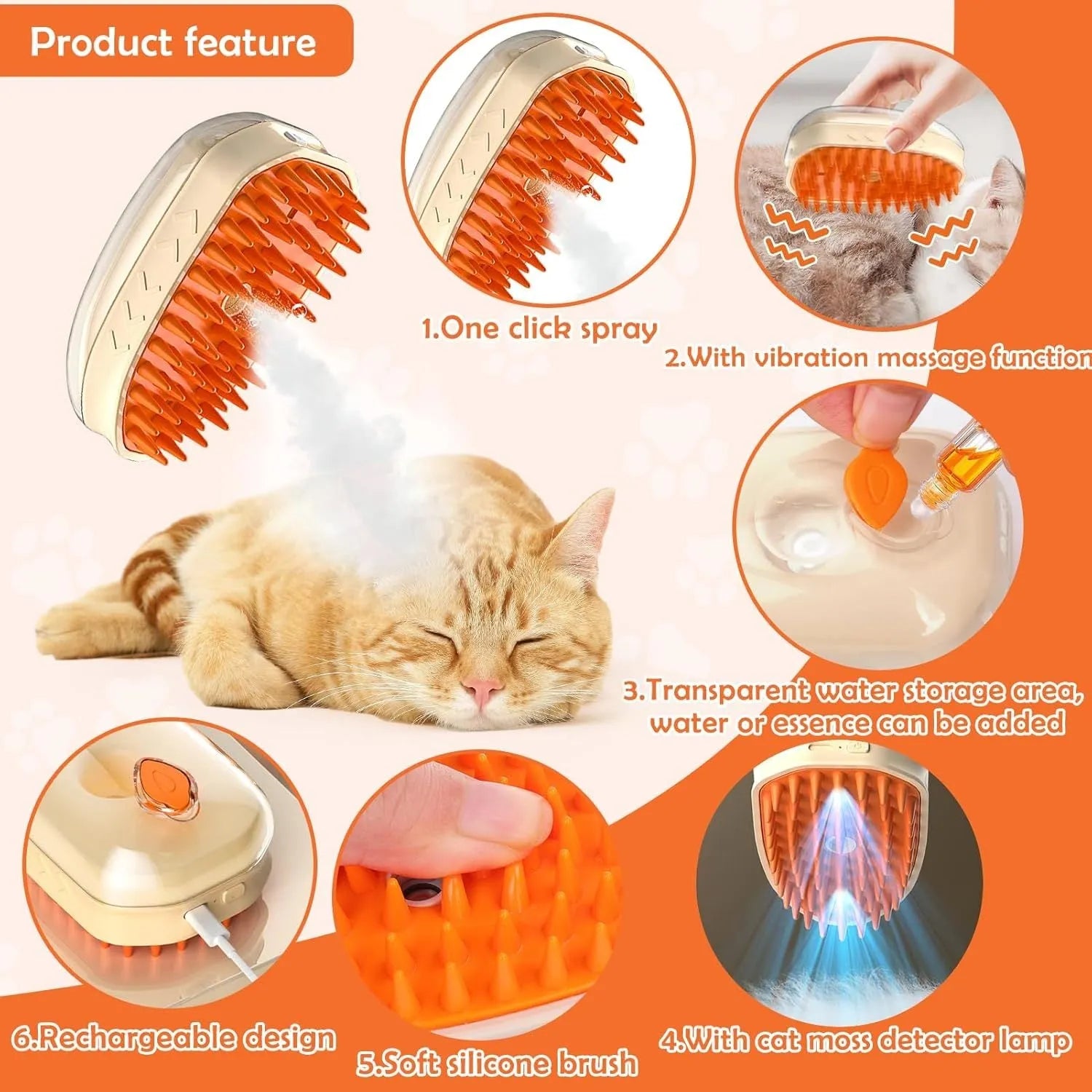 Yellow USB rechargeable 4-in-1 cat steam brush with soft silicone teeth, water tank, and ringworm detector lamp.