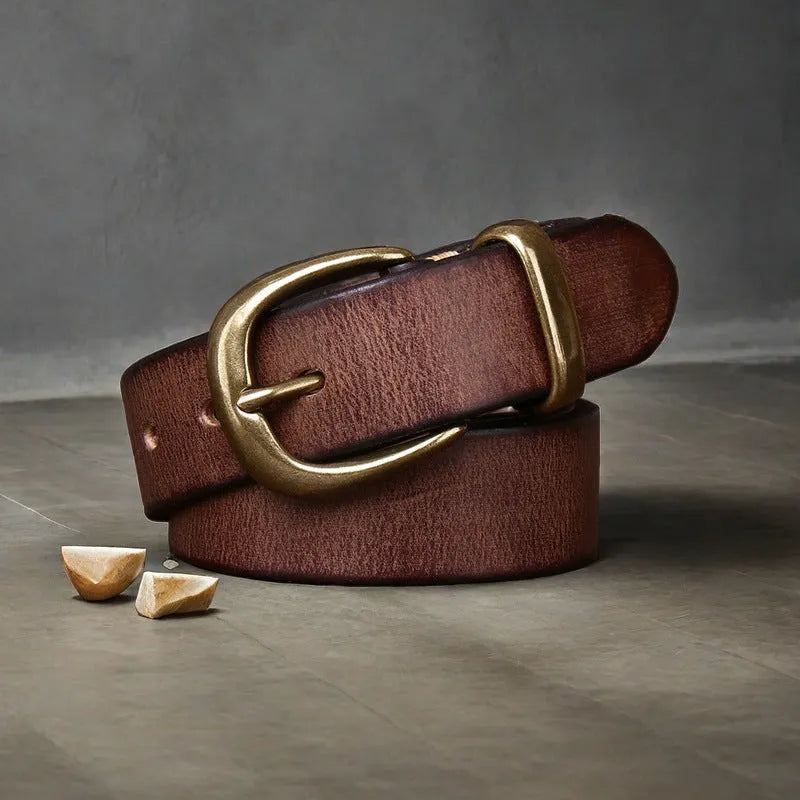 Men's casual jeans belt in genuine cowhide leather with copper buckle