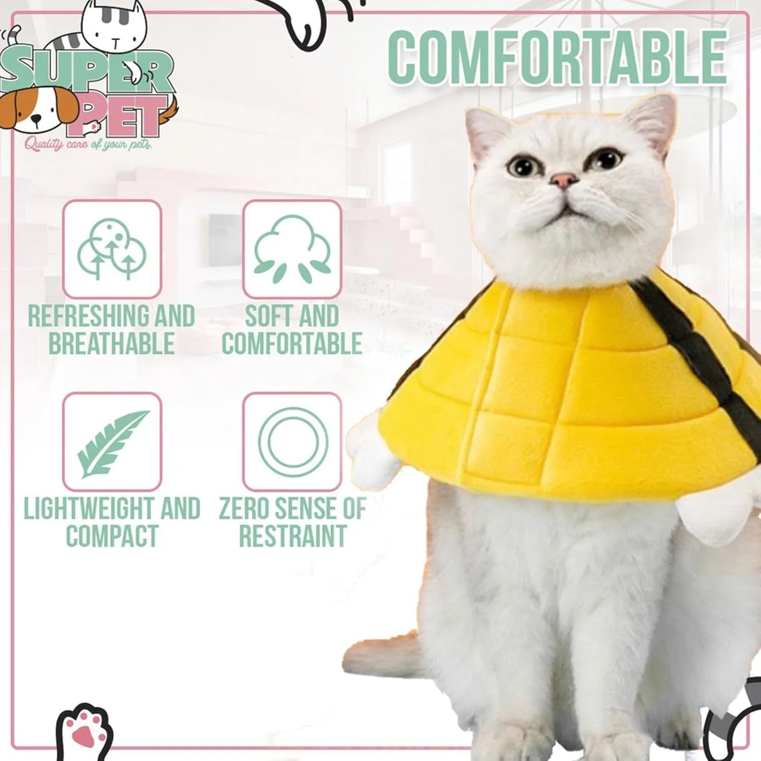 Soft cat cone collar with black and yellow bee design and Velcro strap