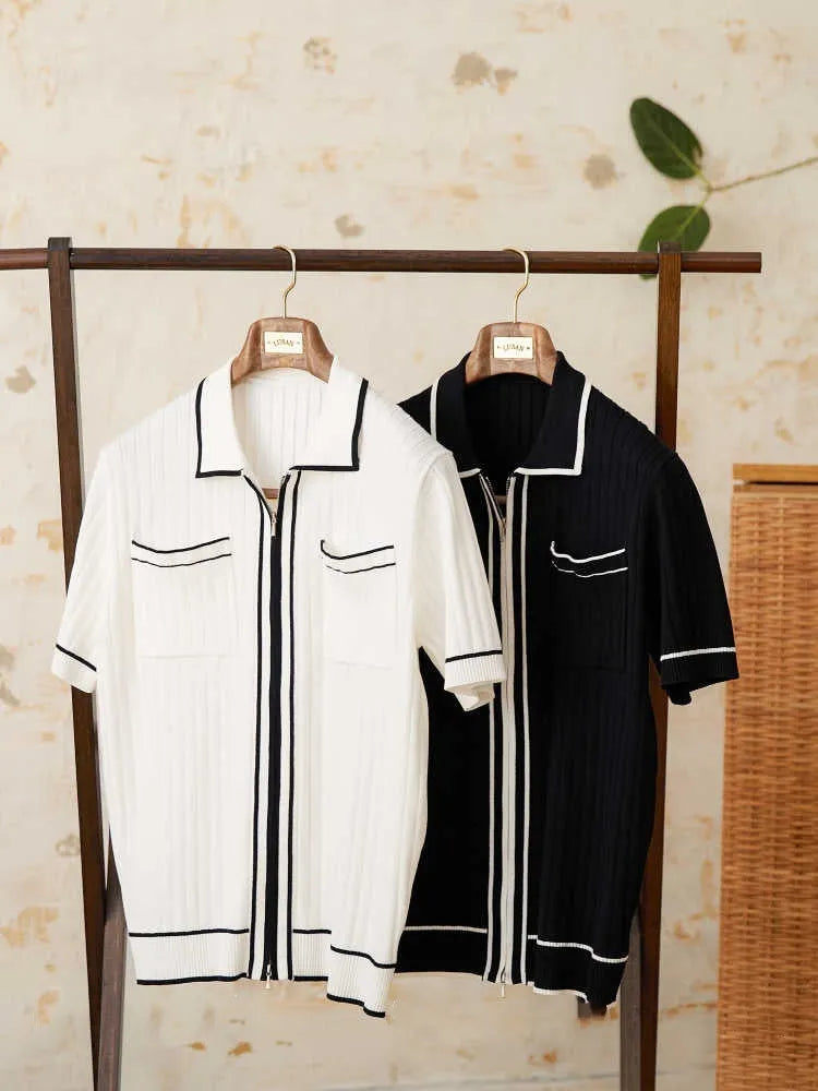 A black slim-fit lapel polo shirt with short sleeves, made from a thin knitted fabric.