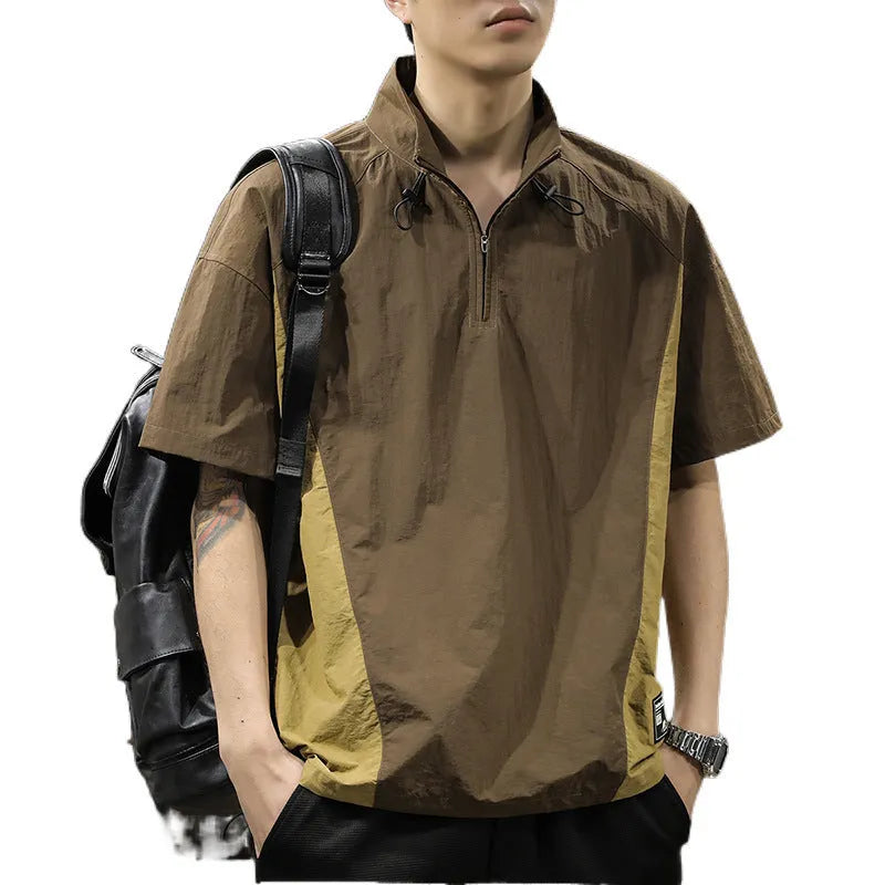 Men's brown half-zip stand collar business shirt with short sleeves and loose fit for summer wear