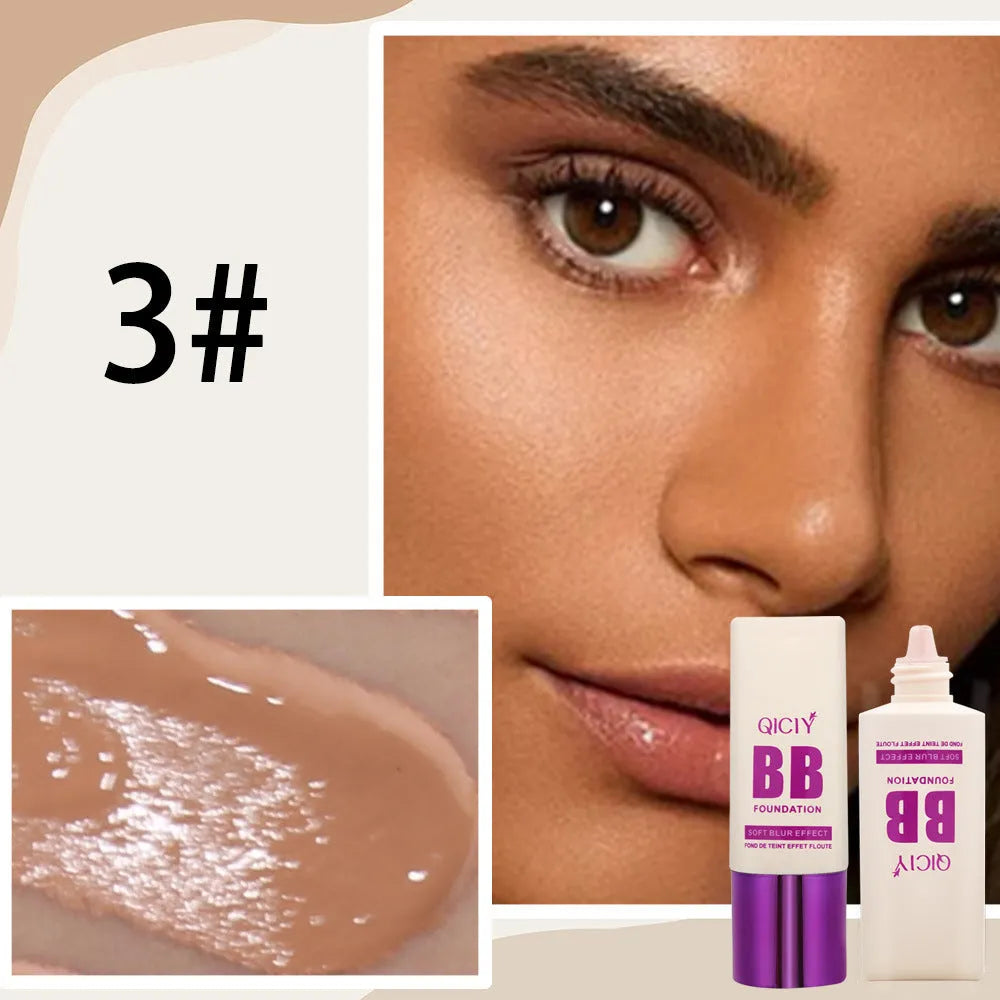 Feeding bottle of liquid foundation BB cream in one of ten available shades for brightening and concealing.
