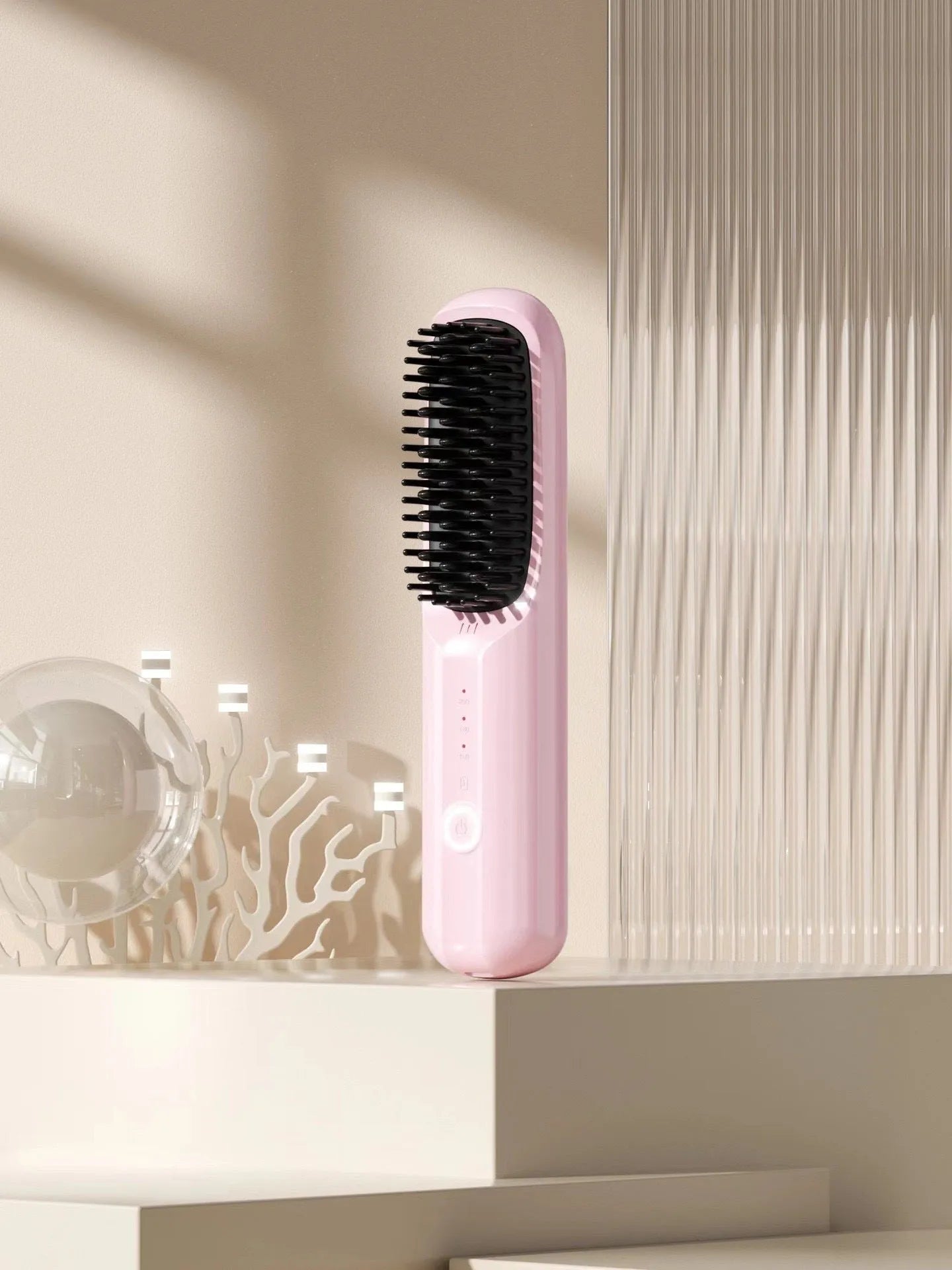 Anion wireless hair straightening comb in beige, pink, purple or black colours with ceramic heating plates