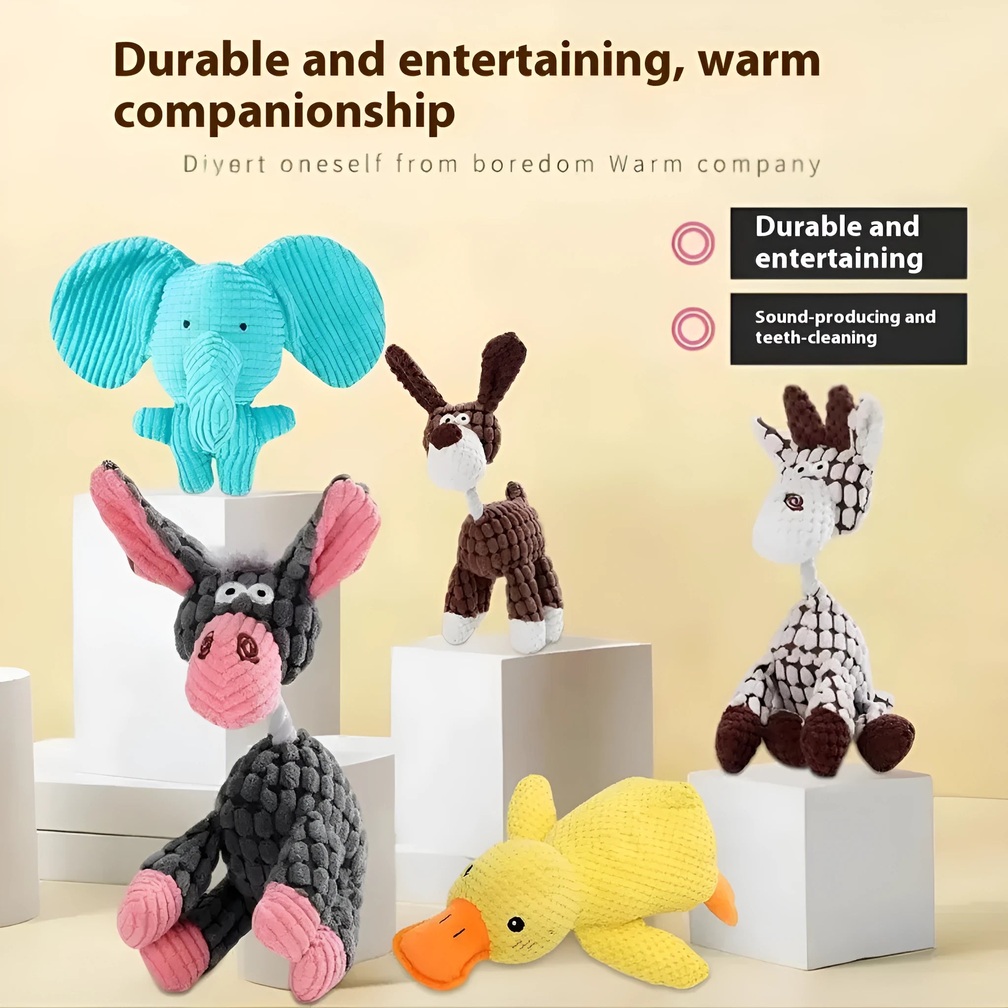 Plush puppy toy showing various animal styles including rechargeable duck, blue elephant, and donkey in multiple colours