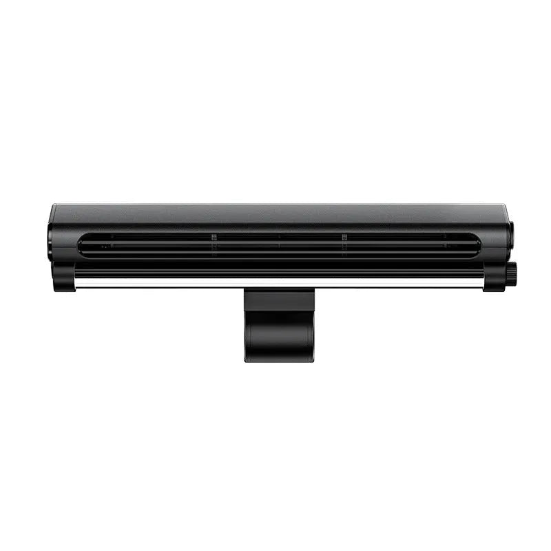 Black USB bladeless fan with clip mounting and integrated lighting lamp for laptop screens