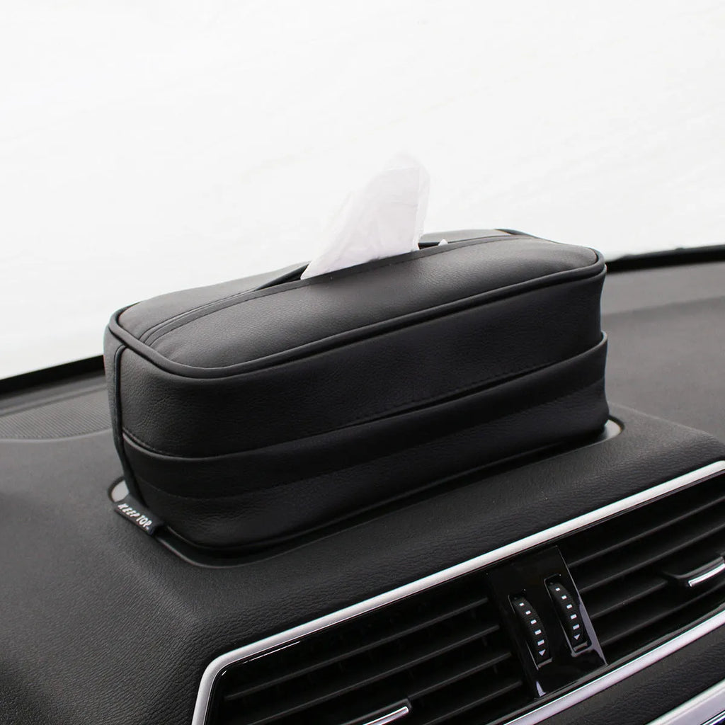 Black PU leather hanging storage bag with hook for car or home organisation