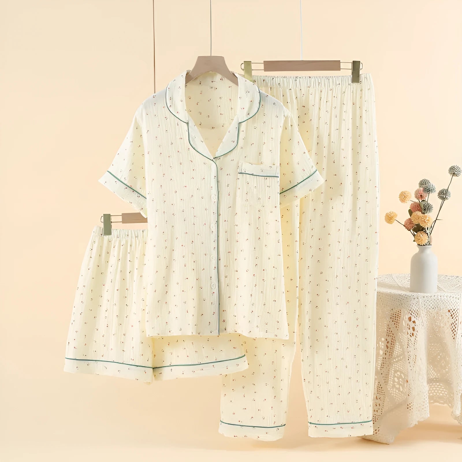 Pastoral gold three-piece cotton pajama set with lapel collar and three-quarter sleeves