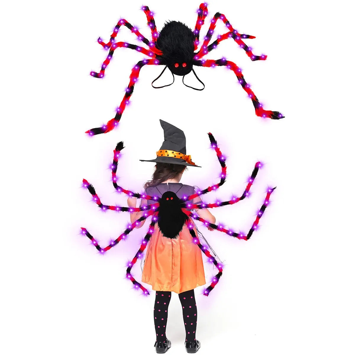 Halloween Spider Backpack with LED lights in plush sugar bag material, shown in orange and purple colour variant.