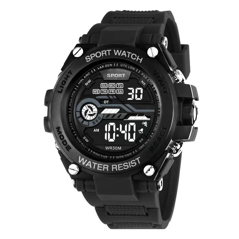 Digital electronic watch with a silicone strap shown in multiple colour options for teenagers and students.