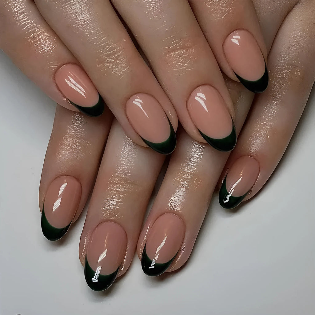 Black French style short almond-shaped false nails set with 24 pieces J049 design