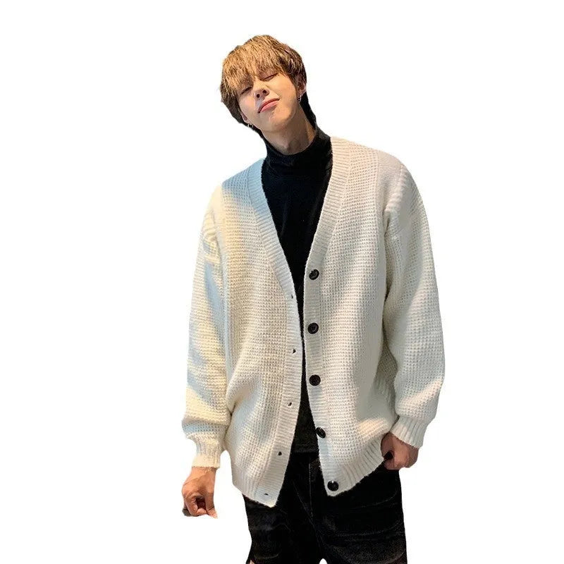 Men's loose fit cotton blend V-neck cardigan in retro style solid colours