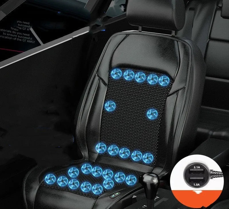Car seat cushion with ventilation fan system showing multiple colour options and fan configurations