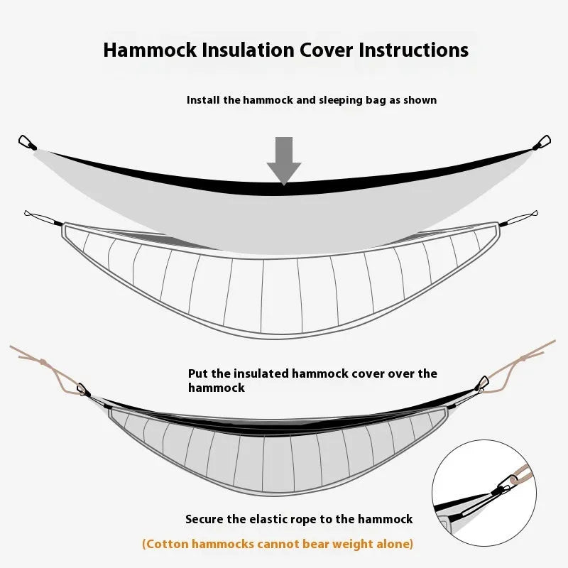 Army green outdoor camping hammock sleeping bag with compression sack, shown unrolled to display its size.