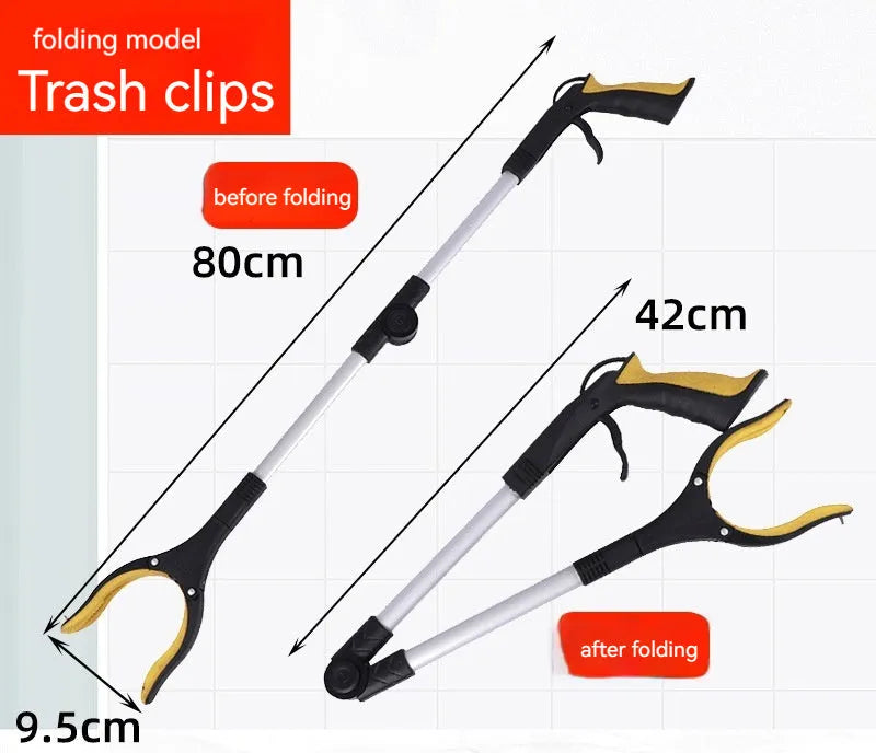 Foldable aluminium garbage clamp with extended silver rod and blue handle, showing magnet sucker attachment.