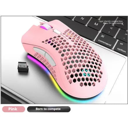 BM600 hollow out wireless gaming mouse with RGB lights in cyan colour on a desk