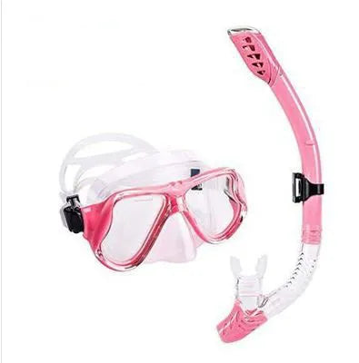 Black anti-fog lens diving goggles with PC frame, silicone strap, and mouthpiece on a blue background.