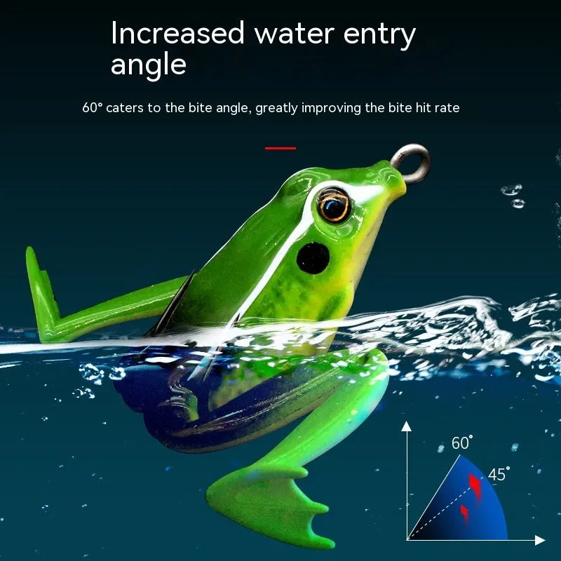 Bionic frog fishing lure with snake head pattern and double hooks in grass green colour