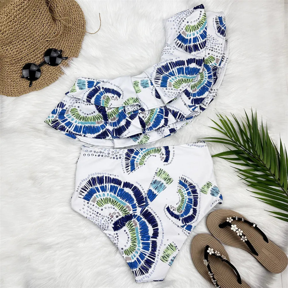 White women's one-shoulder swimsuit with lotus leaf detail and double-layer construction