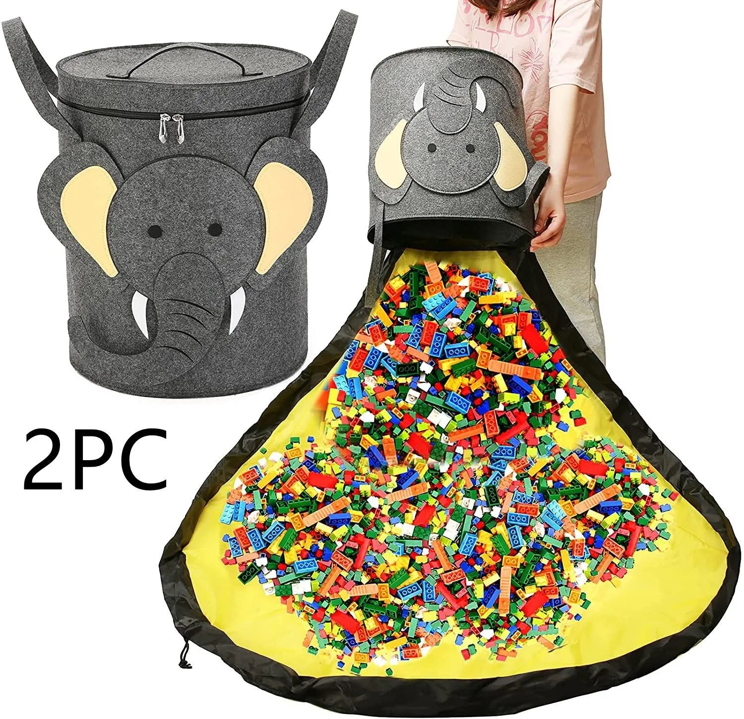 Green cube-shaped felt storage bag with a pull rope, shown as a toy organiser and play mat.