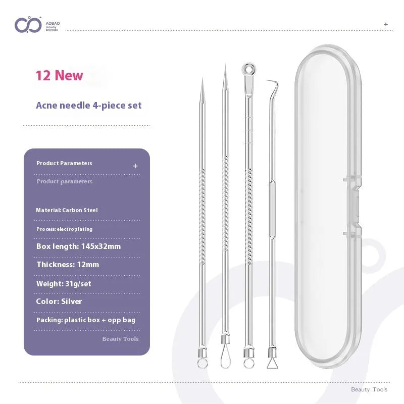 Four metal acne needles with ultra fine pointed tips for blackhead removal and skincare treatment