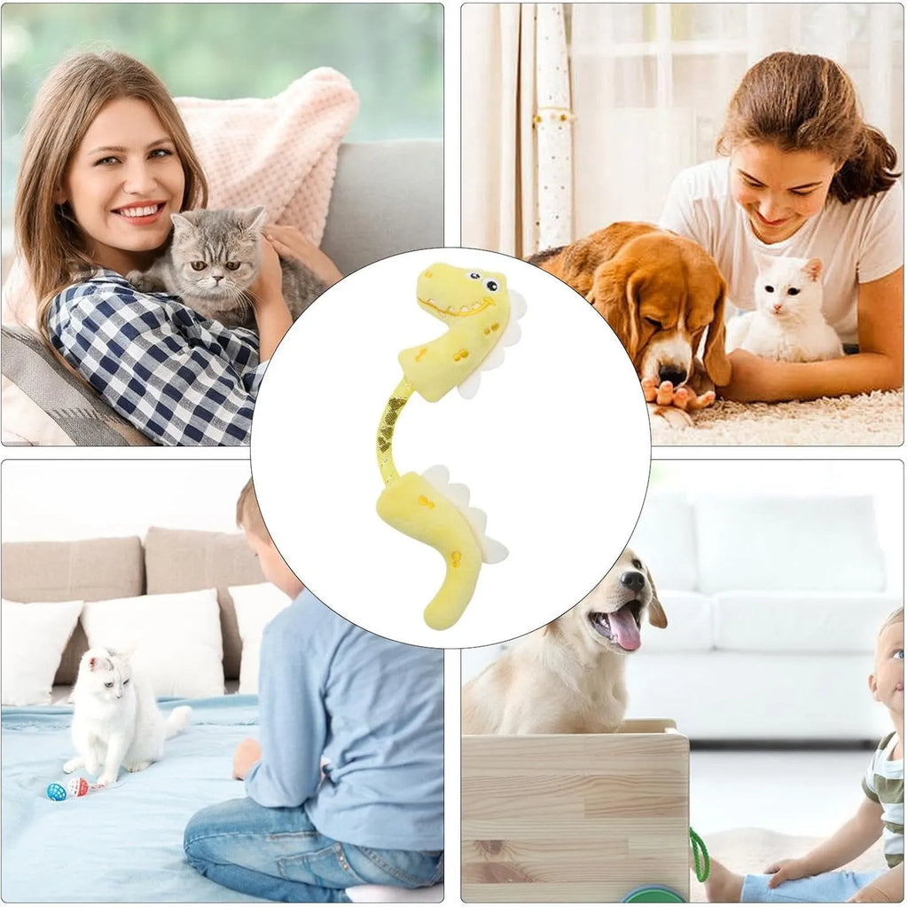 Set of four colourful plush cat toys including a fish, mouse, bunny, and rope on a plain background.
