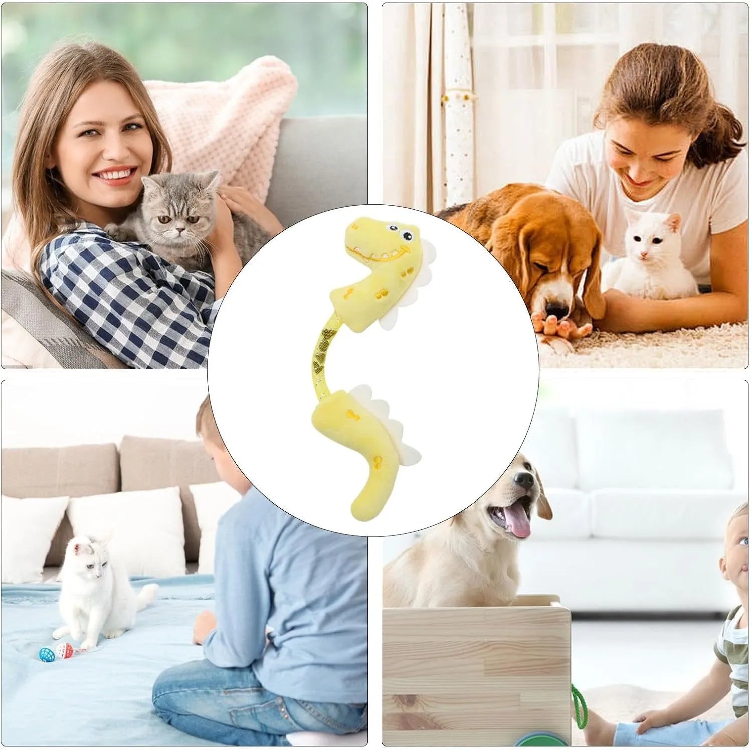 Set of four colourful plush cat toys including a fish, mouse, bunny, and rope on a plain background.