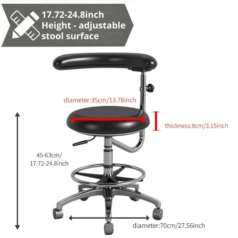 Black leather dental patient chair with adjustable height and base wheels