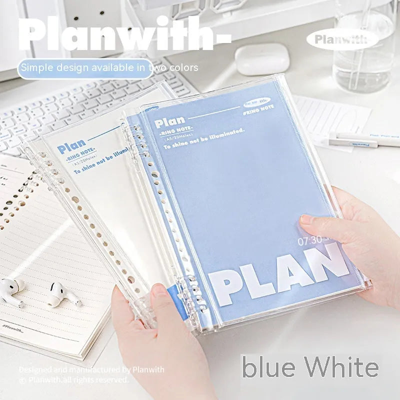 A5 size spiral-bound notebook with a PVC cover, shown in blue and white colour options.