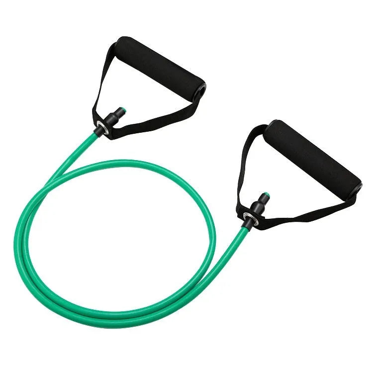 Yellow, green, red, blue, and black TPE chest expander tension rope for adjustable fitness training.