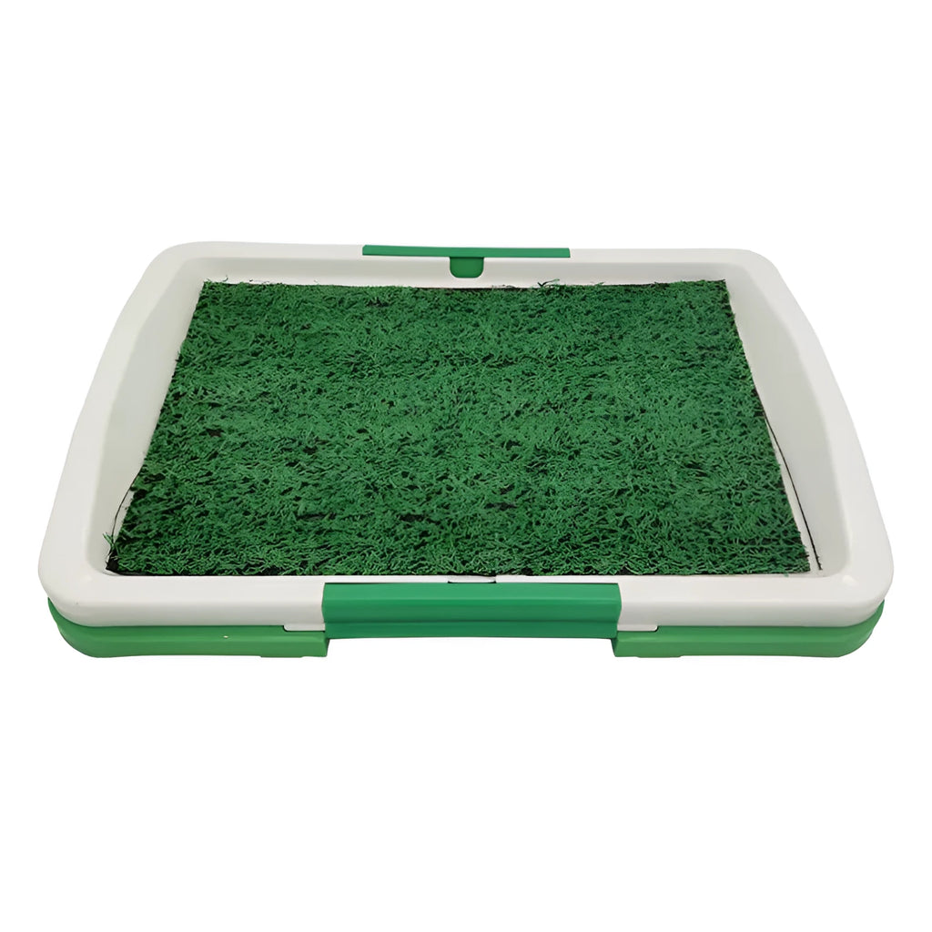 Green artificial grass dog toilet tray with three layers for indoor puppy potty training.