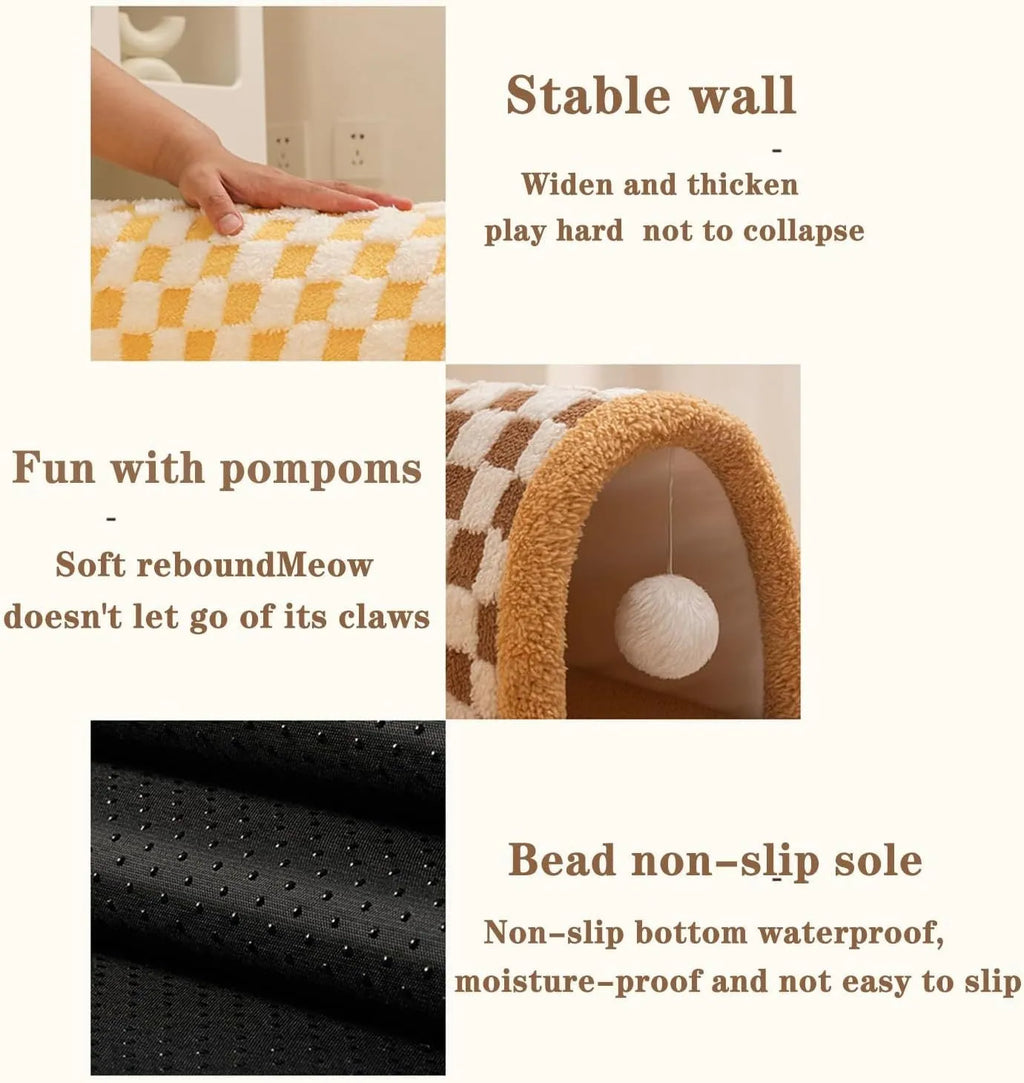 Brown plush plaid cat tunnel bed with central mat showing collapsible design and non-slip bottom
