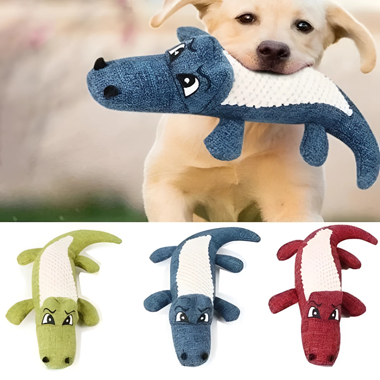 Blue, green, and red corn grid patterned plush toys for cats and dogs with a biting sound feature.