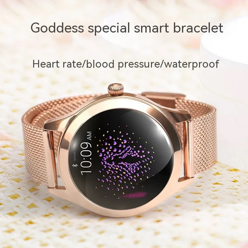 Women's sports smartwatch showing heart rate monitoring and waterproof features in black, silver, rose gold, and white colours
