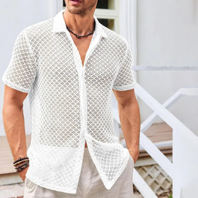 Men's mesh fabric short sleeve shirt with lapel collar in milky white colour